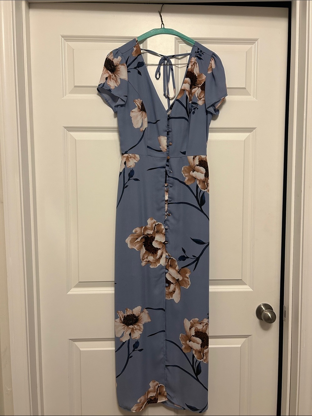 Trixxi Dusty Blue Floral Maxi Dress with Tie-Back